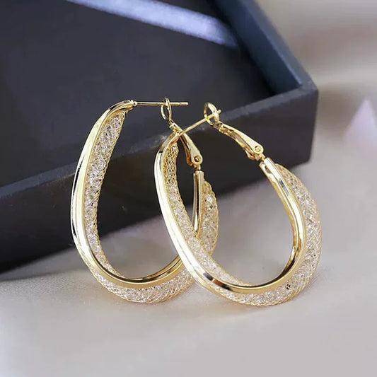 Mesh Crystal Dangle Earrings for Women Vintage Trendy Party Jewelry Punk Statement Metal Geometry Twist Hoop Earrings Gift