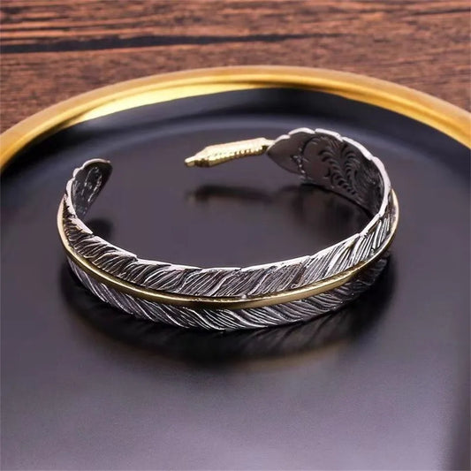 Tang Grass Pattern Feather Bracelet, Men's Trendy, Ancient Silver, Personalized, Versatile, Retro Open Bracelet