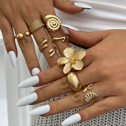 Vintage Smooth Flower Shell Design Ring Set Fashion Elegant Bohemian Starfish Personalized Ring Party Holiday Daily Wear Jewelry