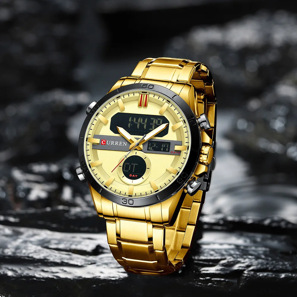 Curren 8384 Men's Multifunctional Watch, Dual-display Movement Luminous Calendar & Week Steel-strap Wristwatch