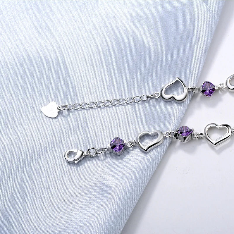 Sterling Silver Heart Shaped Bracelet for Women Vintage Purple Amethyst Bracelets Jewelry Set Party Jewelry Bangles for Women