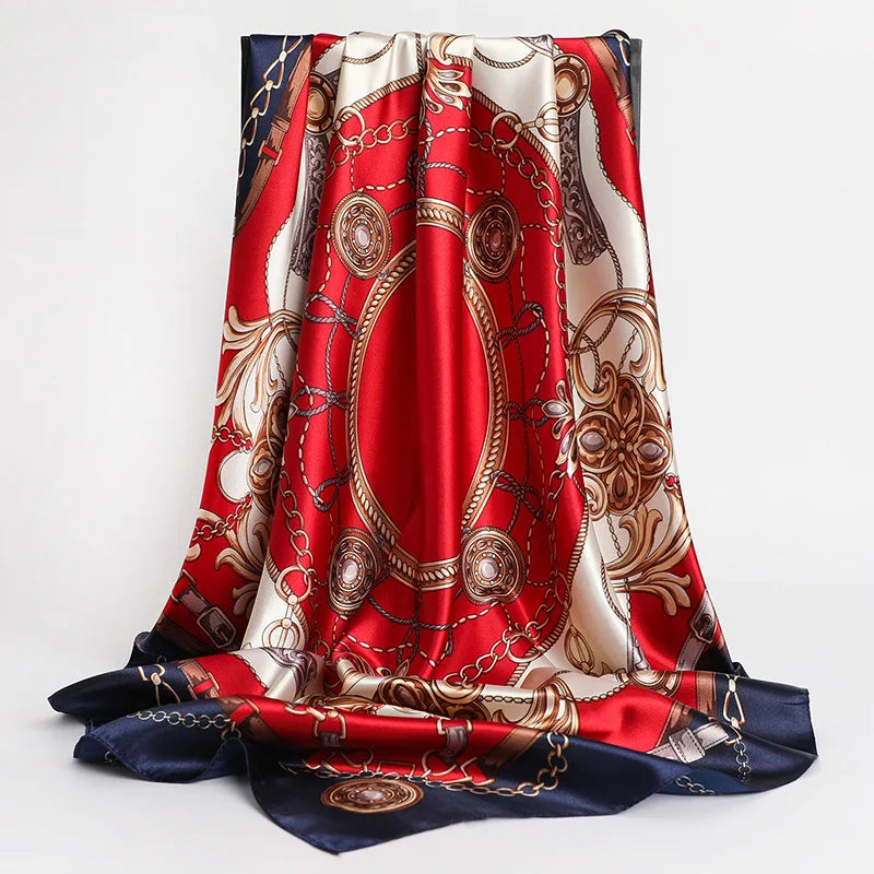 90*90cm Square Silk Scarves Women Hijab Shawls Fashion Print Kerchief Femme Head Scarf Foulard Bandana Beach Pareo