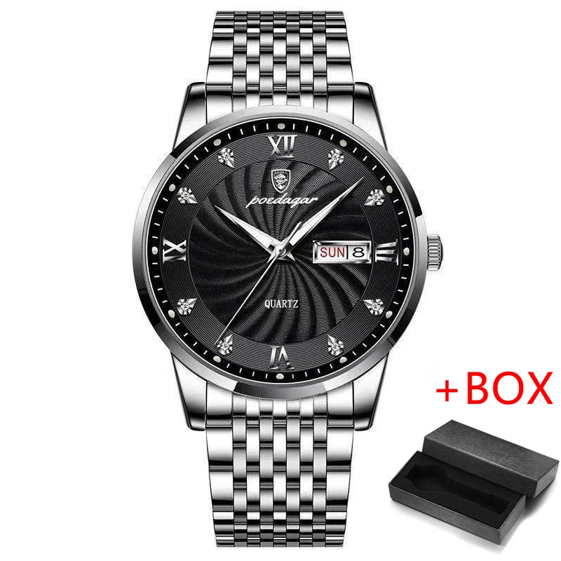 POEDAGAR New Business Mens Watches Top Brand Luxury Stainless Steel Waterproof Week Date Quartz Watch for Men Relogio Masculino