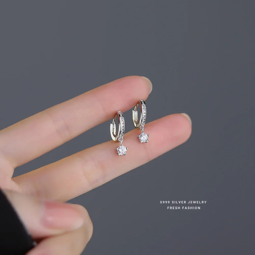 Earrings Silver 999 Star Zircon Round Simple Unique Elegant Jewelry Women's Stud Earrings Pendientes Mujer JHE66