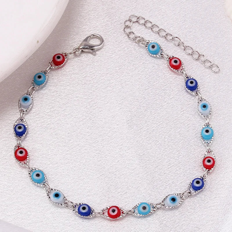Bohemian Oval Evil Blue Eye Charm Bracelet Gold Silver Color Brass Chain Bracelets for Women Men Prayer Jewelry