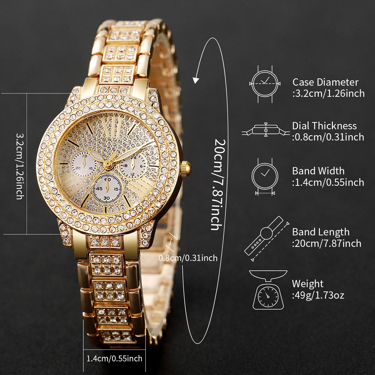 6PCS/Set Luxury Rhinestone Women Watches Fashion Roma Dial Quartz Wristwatch Jewelry Set