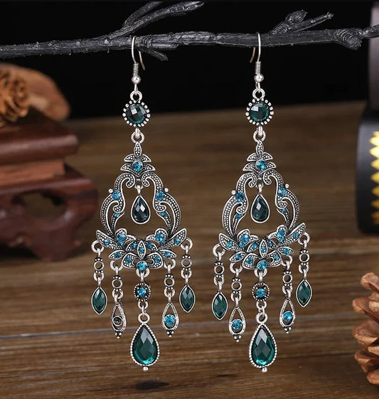 Classic Ethnic Green Stone Drop Earring Vintage Bohemia Carving Shape Dangle Retro Ethnic Longs Earings For Women Custom Jewelry