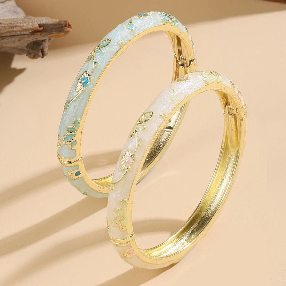 FTCY 2 Pcs Flower Bracelet For Women Vintage Bohemian Cloisonne Women's Bangles Luxury Jewelry Gifts