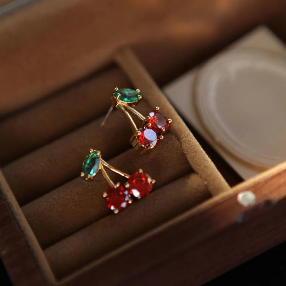 2024 Red Zircon Cherry Leaf Stud Earrings Women Piercing Jewelry For Fashion Crystal Dangle Party Prom Birthday Wedding Gifts