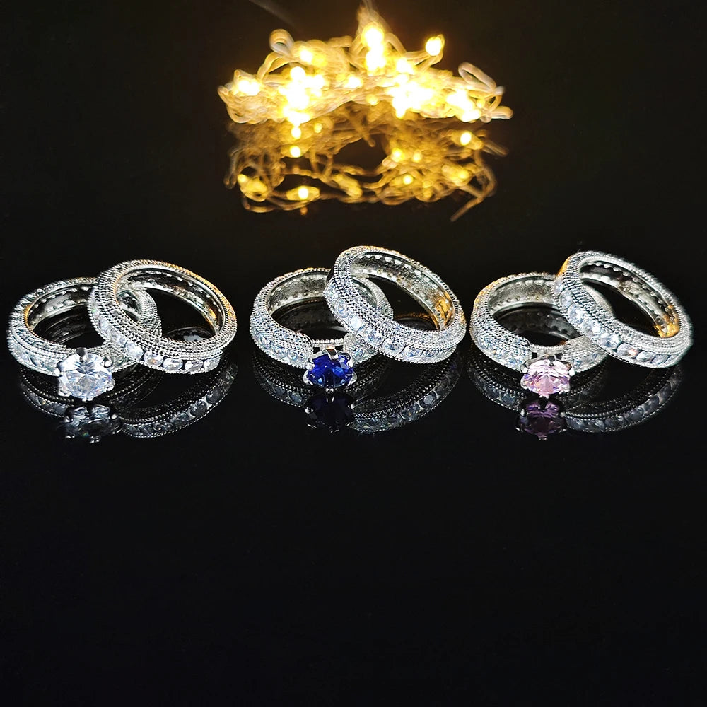 New Silver Color Bride Luxury Bold Big Wedding Rings Set for Bridal Women Engagement Finger Bold Party Gift Jewelry R4428