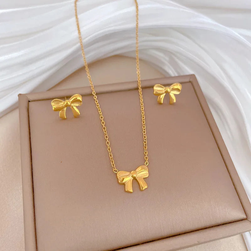 DIEYURO 316L Stainless Steel Butterfly Flower Bowknot Necklace Earrings For Women Girl New Concise Trendy Jewelry Set Gift Party