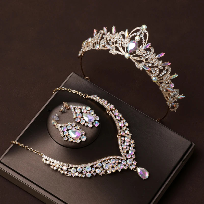 Itacazzo Bridal Headwear Set Crown Necklace Earrings Four Piece Classic Tiaras Suitable for Women's Wedding and Birthday Parties