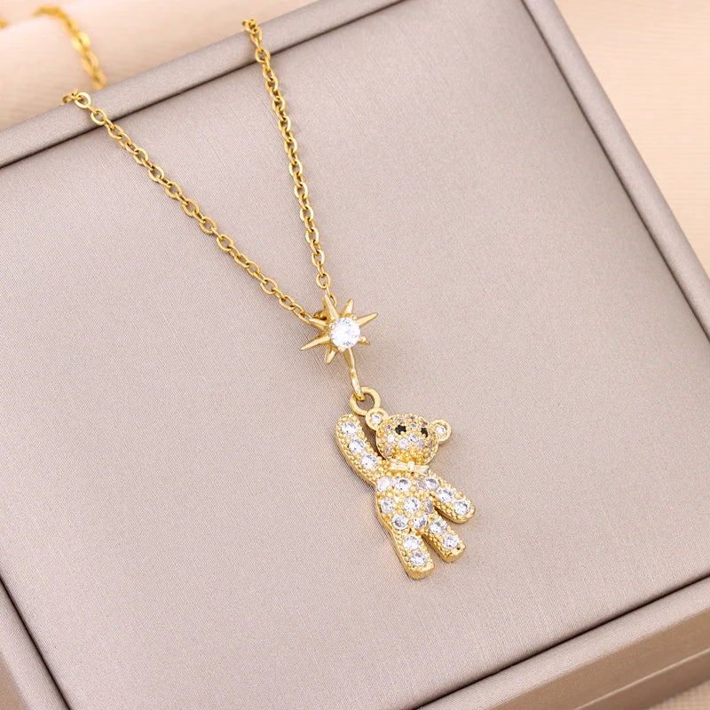 Trendy 18K Gold Plated Zircon Crystal Pendant Stainless Steel Necklace For Women Female Clavicle Chain Jewelry Lady Accessories