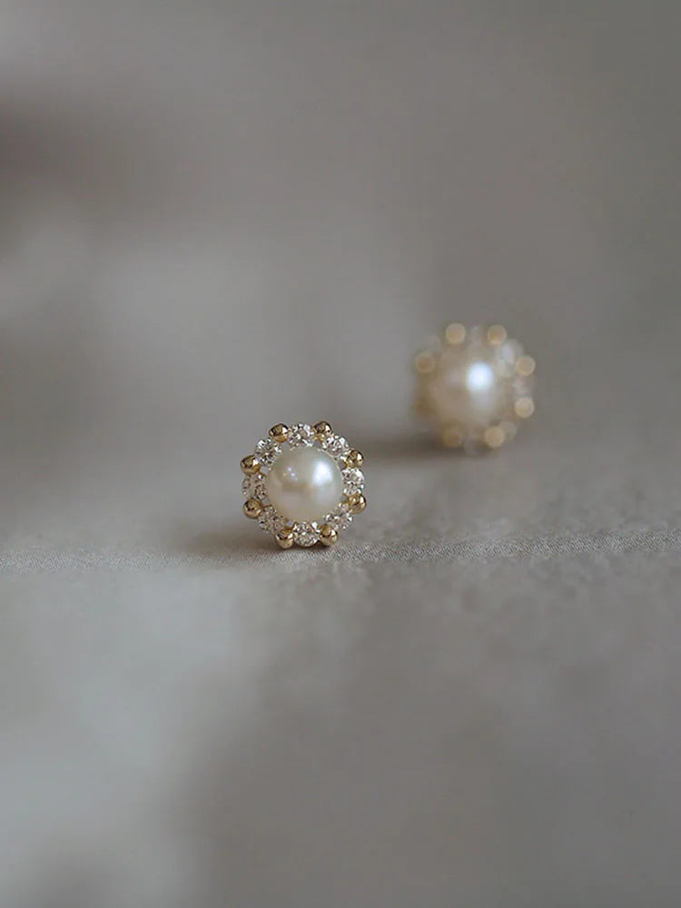 Vintage Disc Pearl Zirconia Stud Earrings Women, S925 Sterling Silver, Gentle Jewelry, Girly Gift, Daily Occasion, High Quality