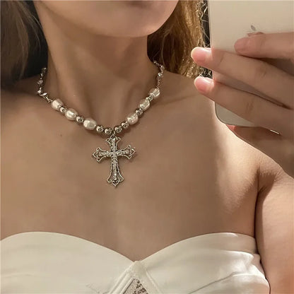 2025 Y2K Pearl Cross Pendant Necklace Hip Hop Retro Women Religious Zircon Chain Necklaces Girls Punk Party Trendy Jewelry Gifts