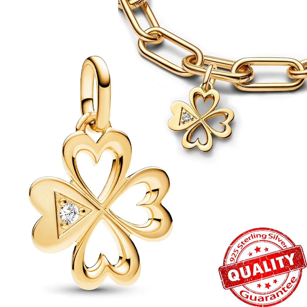 Sparkling Gold Monstera Leaf Charm Fit Original Bracelet 925 Sterling Silver Shark Tooth Mini Charm for Girls Party Jewelry