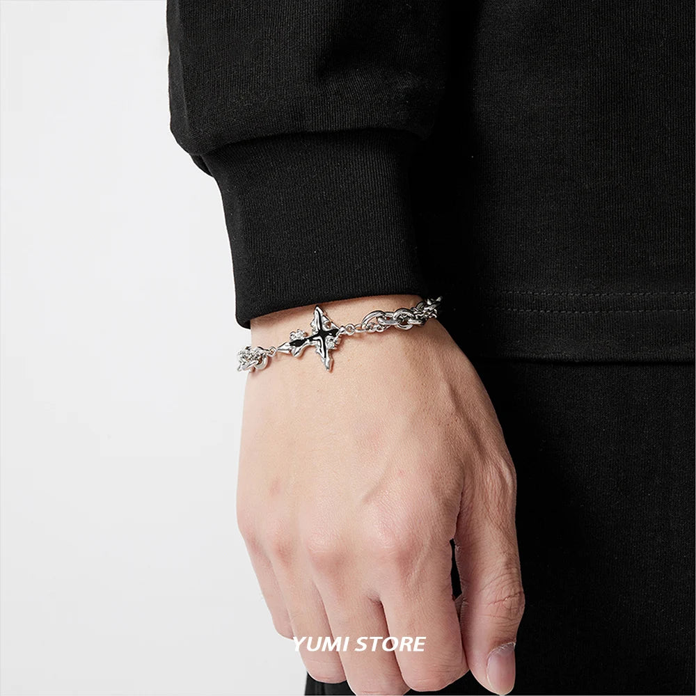 Retro Flame Cross Bracelet For Men Woman Hip Hop Titanium Steel Splice Chain Charm Unisex Jewelry Cool Kpop Luxury Accessories