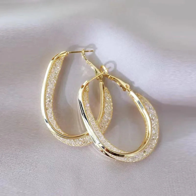 Mesh Crystal Dangle Earrings for Women Vintage Trendy Party Jewelry Punk Statement Metal Geometry Twist Hoop Earrings Gift