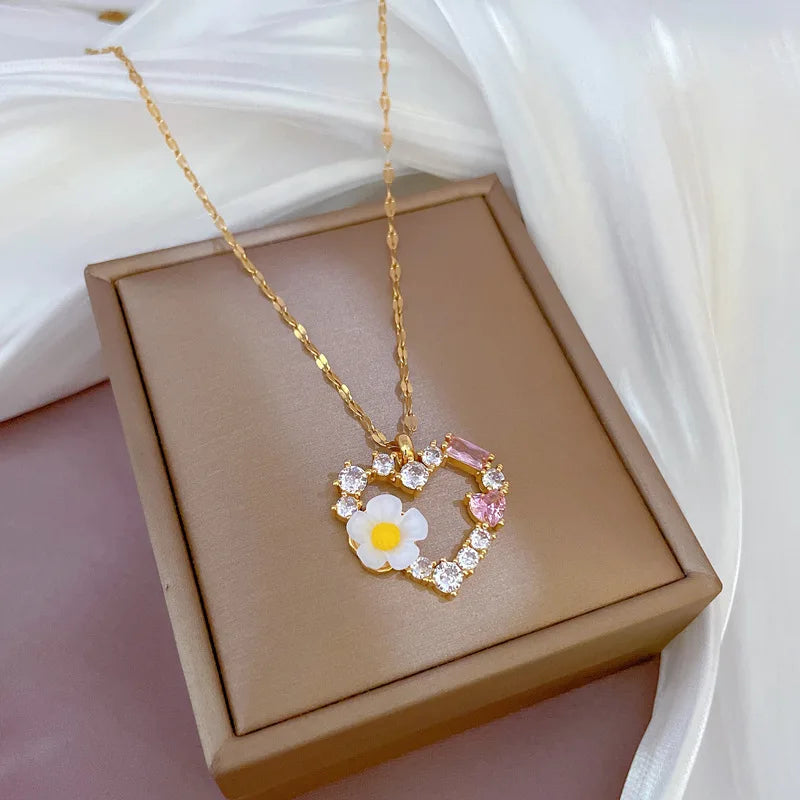 Fashion Simple Heart Flower Zircon Pendant Necklaces for Women Girl Stainless Steel Jewelry Accessories Gift for Valentine's Day