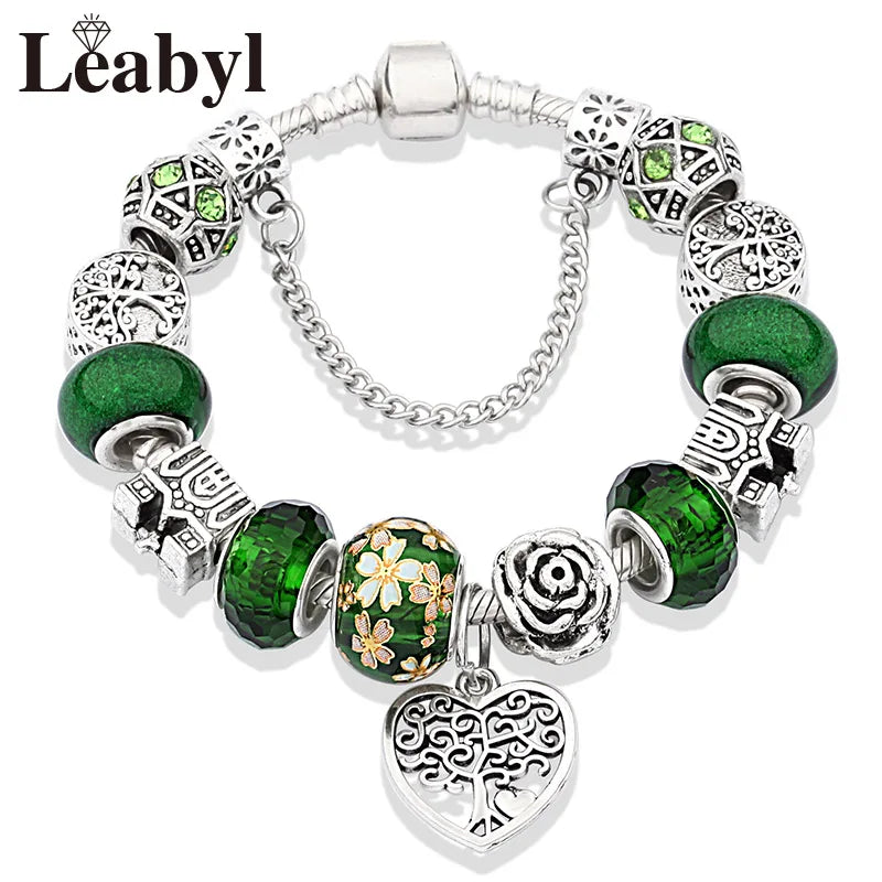 Antique Tibetan Silver Tree of Life Charm Bracelets Green Crystal Flower Bead Bracelet with Heart Diy Jewelry Pulsera Mujer