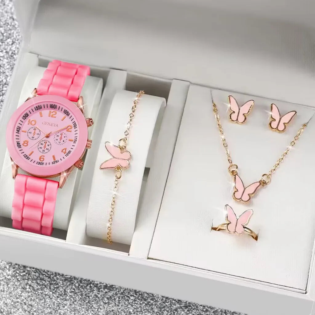 5PCS Set Luxury Watch Women Ring Necklace Earrings Pearl Rhinestone Wristwatch Female Casual Ladies Watches Bracelet (No Box)