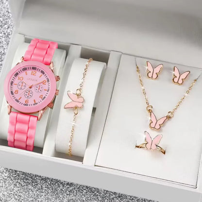 5PCS Set Luxury Watch Women Ring Necklace Earrings Pearl Rhinestone Wristwatch Female Casual Ladies Watches Bracelet (No Box)