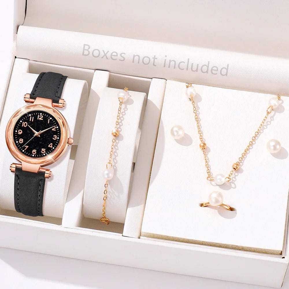 6PCS/Set Red Women's Watch With Minimalist Elements Dial Quartz Watch Latex Strap Cherry Elements Jewelry Set Girl's Gift