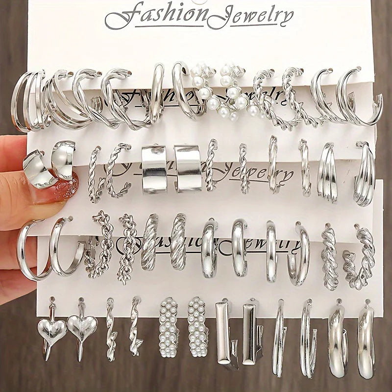 24 Pcs Fashion Vintage Hoop Earrings Set for Women Boho Metal Circle Geometric Twist Pearl Studs Earrings Trendy Jewelry Gifts