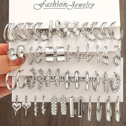 24 Pcs Fashion Vintage Hoop Earrings Set for Women Boho Metal Circle Geometric Twist Pearl Studs Earrings Trendy Jewelry Gifts