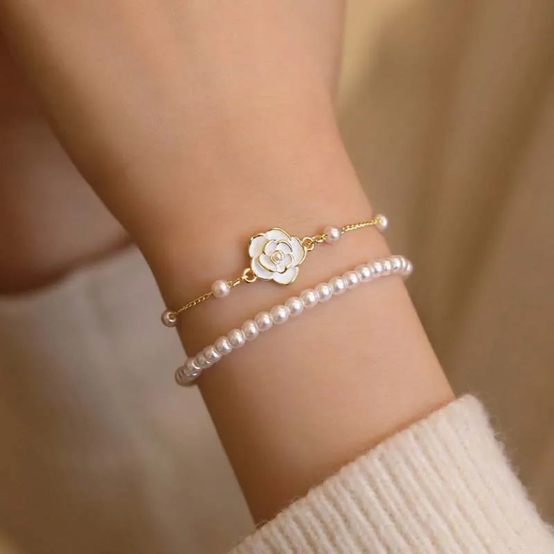 Vintage White Camellia Flower Bracelets For Women Elegant Double Layer Simulated Pearl Beads Chain Bracelet Jewelry 2025 Trend