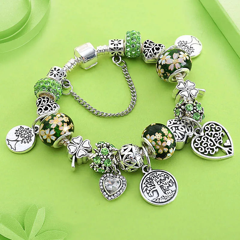 Antique Tibetan Silver Tree of Life Charm Bracelets Green Crystal Flower Bead Bracelet with Heart Diy Jewelry Pulsera Mujer