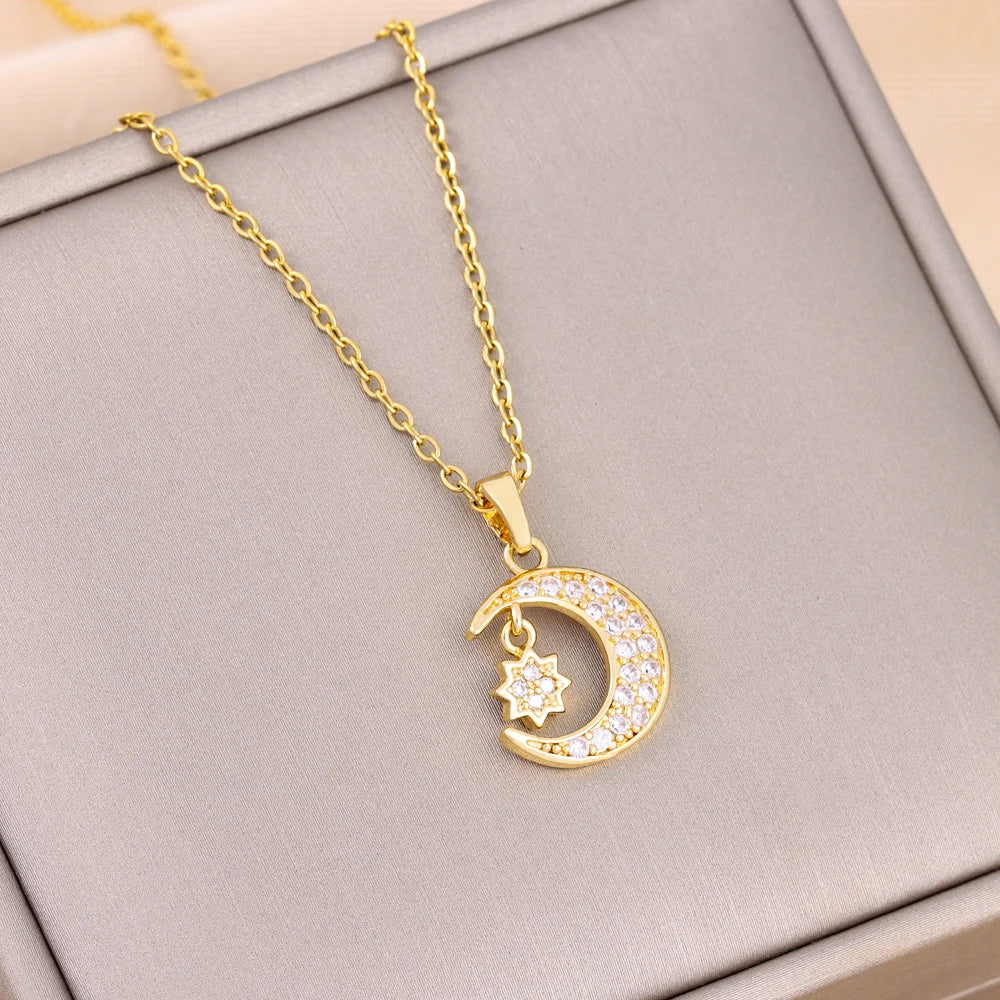 Trendy 18K Gold Plated Zircon Crystal Pendant Stainless Steel Necklace For Women Female Clavicle Chain Jewelry Lady Accessories