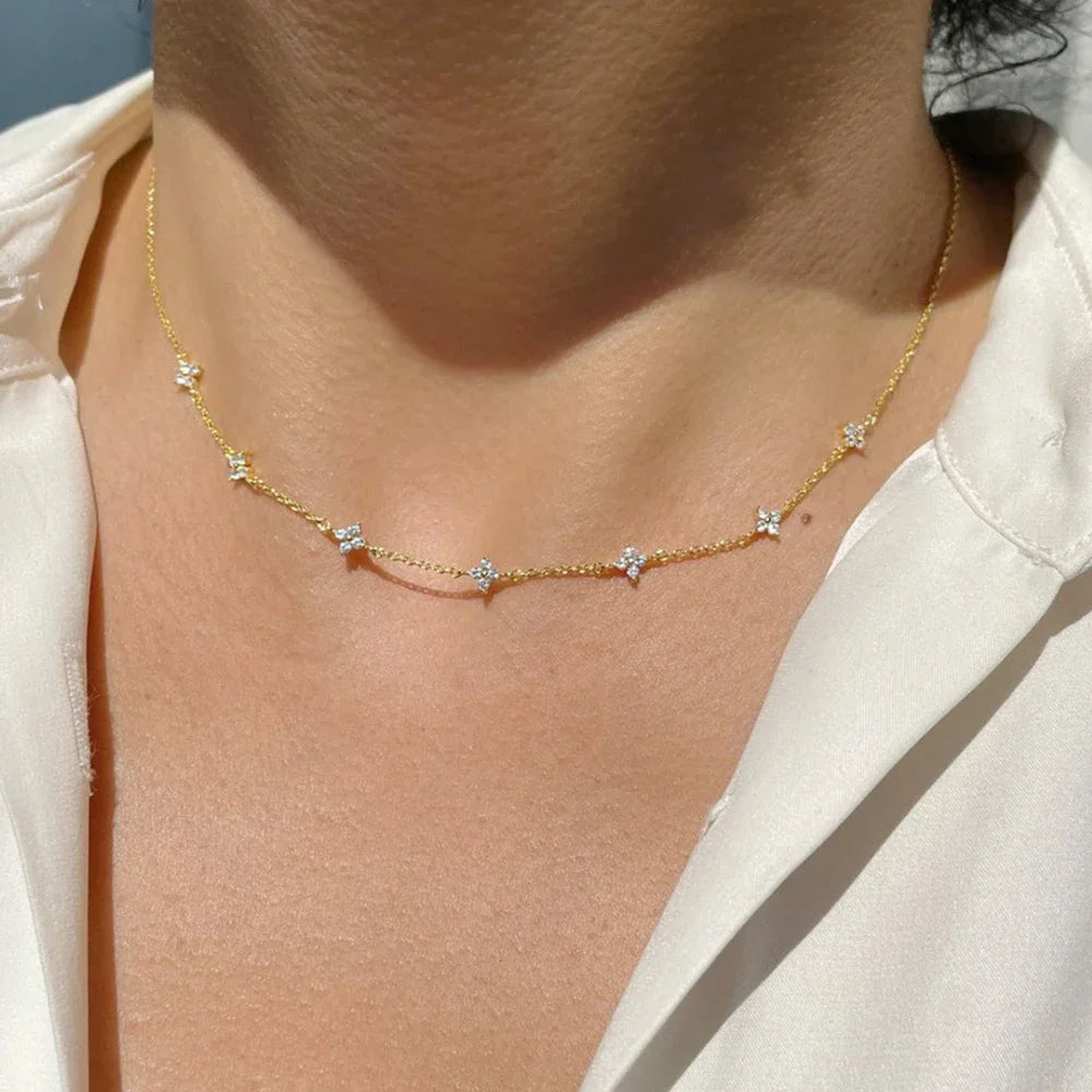 New Stainless Steel Zircon Necklaces for Women 18K Gold Plated Four Leaf Grass Collar Chain Necklace Luxury Jewelry Gift