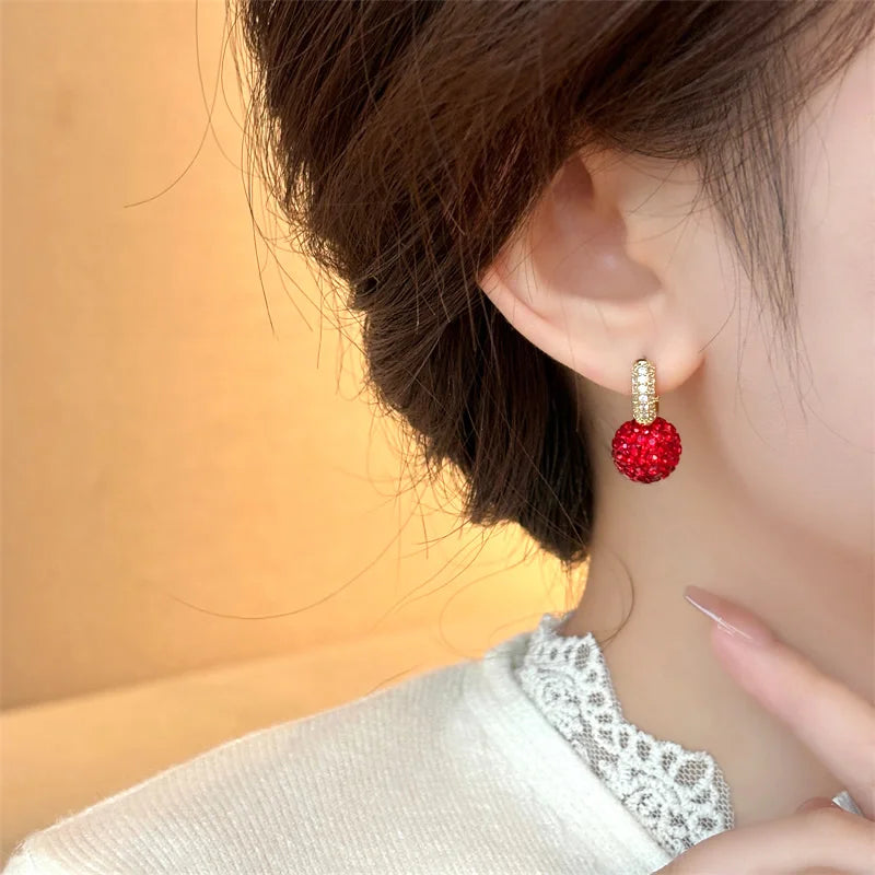 Shining Red Color Crystal Ball Pendant Earrings 2025 Micro Set Zircon Metal Ear Buckle for Women's Fashion Jewelry Accessories