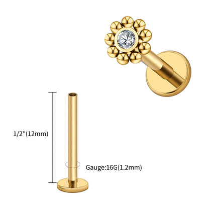 Right Grand ASTM F136 Titanium 16G Mini Beaded Sun Labret Stud CZ Flower Tragus Cartilage Helix Conch Nose Piercing Body Jewelry