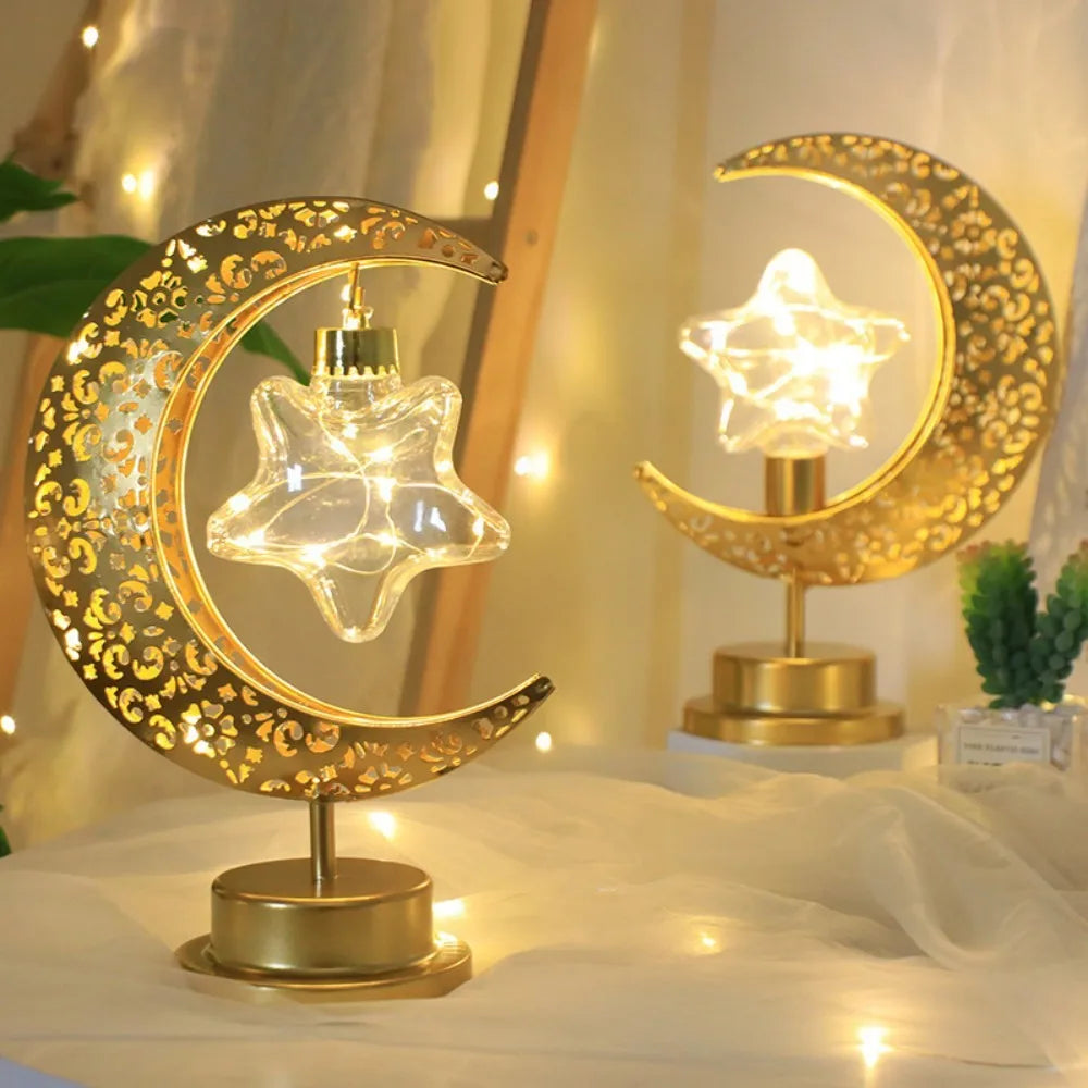 1PC LED Star & Moon Decorative Table Lamp,Powered by 3AA Batteries,Excluding Batteries, Ramadan Desktop Modeling Lamp
