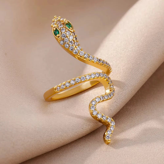Gold Plated Stainless Steel Green Zircon Snake Rings For Women Men Open Adjustable Finger Ring Vintage Gothic Aesthetic Jewelry