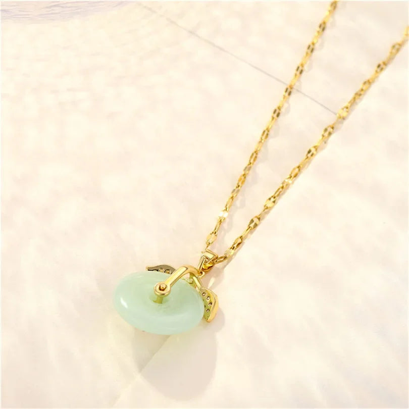 18k Gold Plated Titanium Steel Chain Fashion Chinese Style Imitation Jade Lucky Leaf Pendant Necklace Anniversary Gift