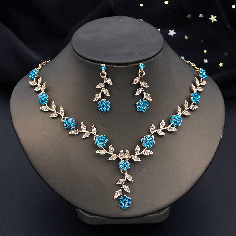 Rhinestone Bride Jewelry Sets for Women Luxury Flower Choker Necklace Earrings Wedding Dress Bridal Necklace Sets Fashion