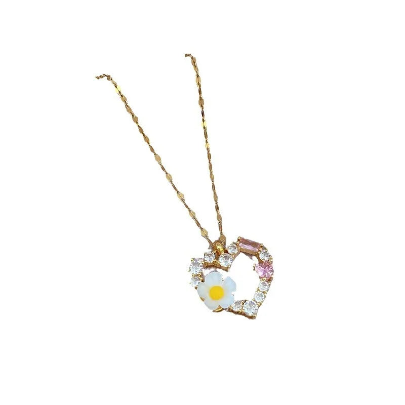 Fashion Simple Heart Flower Zircon Pendant Necklaces for Women Girl Stainless Steel Jewelry Accessories Gift for Valentine's Day