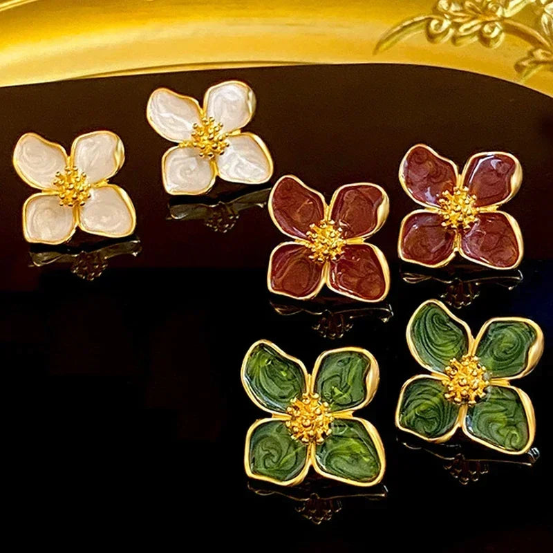 2025 New In Trend Korean Green Rose Color Flower Drop Earrings for Women Exaggerated Flower Hanging Sweet Earrings Jewelry Gift