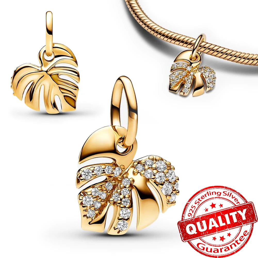 Sparkling Gold Monstera Leaf Charm Fit Original Bracelet 925 Sterling Silver Shark Tooth Mini Charm for Girls Party Jewelry