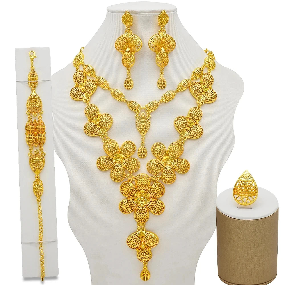 Dubai Gold Color Jewelry Set For Woman Bridal Nigerian African Long Chain Necklace Earrings Bracelet Ring Jewellery Set