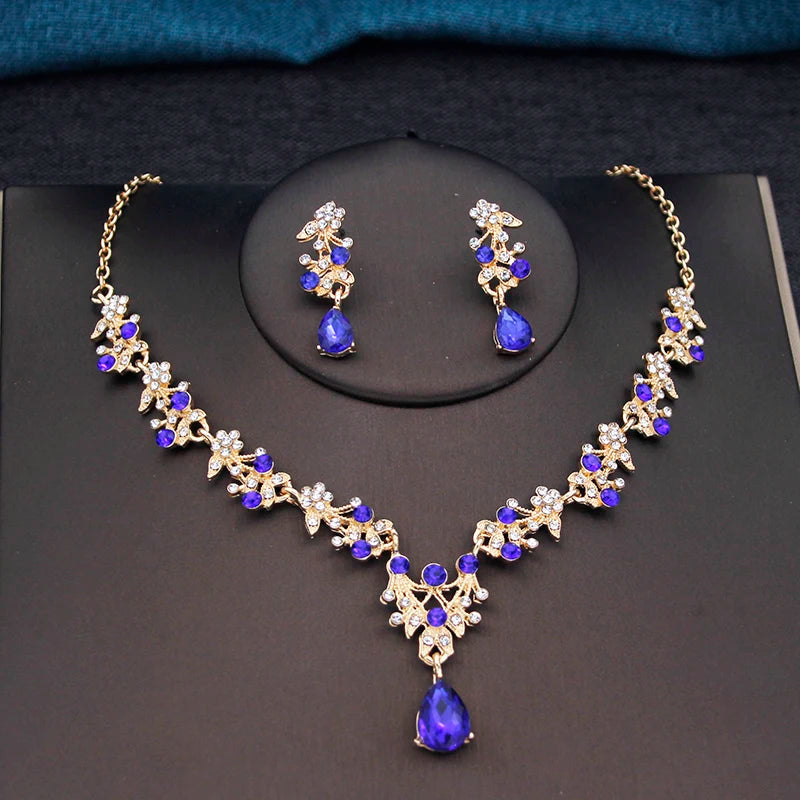 17 Colors Water Drop Purple Bridal Jewelry Sets for Women Party Prom Choker Necklace Earrings Bride Wedding Costume Accessories