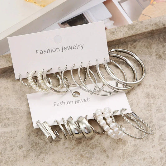 24 Pcs Vintage Silver Color Y2K Pearl Earrings for Women Geometry Round Circle Square Hoop Earring Set Fashion Female Jewelry