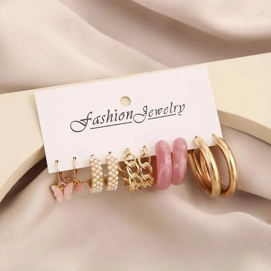 Creative and simple C-shaped geometric earrings with pearl butterfly female earrings 6-piece set