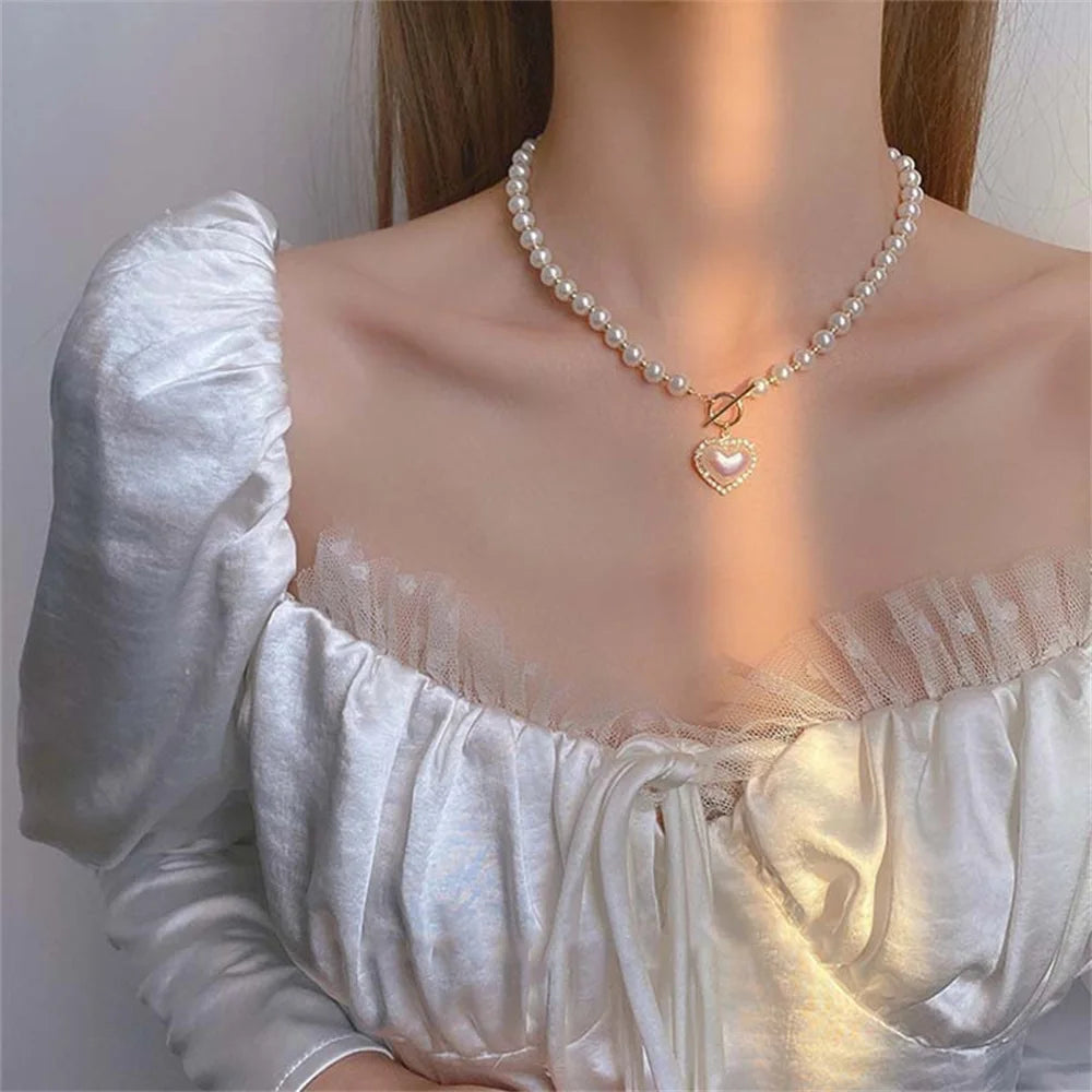 Elegant Pearl Necklace For Women Heart Pendant Necklaces Luxury Imitation Pearls Chain Necklaces Korean Jewelry Girls Gifts