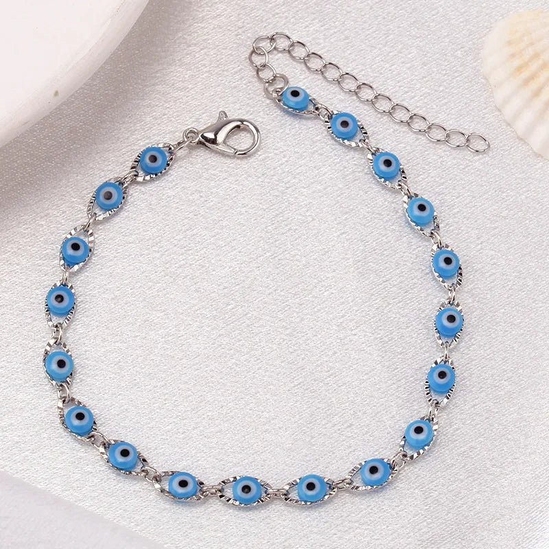 Bohemian Oval Evil Blue Eye Charm Bracelet Gold Silver Color Brass Chain Bracelets for Women Men Prayer Jewelry