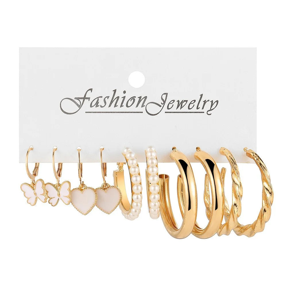 New European and American Earring Set for Women Gold Color Minimalist Big Circle Butterfly Heart Pearl Earrings Jewelry Gifts