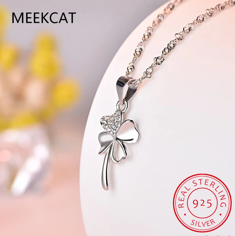 Cute Clover Style Crystal Pendants Necklace For Women Wedding Party Pure 925 Sterling Silver Lady Choker Necklaces Accessory
